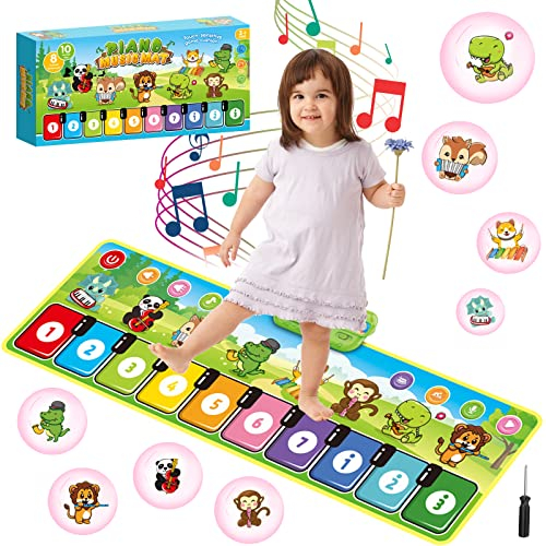 Musikmatte Klaviermatte für Kinder( 28 Sounds), Keyboard Kinder Tanzmatte mit 10 Tasten,10 Liedern & 8 Instrumenten, Pädagogisches Spielzeug Geschenke für Kleinkinder Jungen Mädchen(110 x 36 cm)