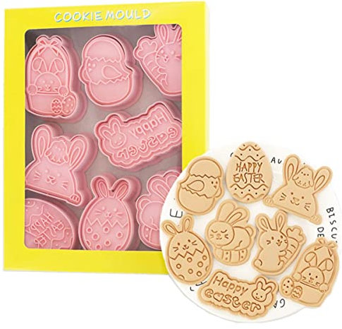 8-Piece Cute Easter Rabbit Cookie Cutters Set - Plastic Easter Egg Cookie Mould Press - Baking Kitchen Tools