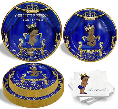 Royal Prince Baby Shower Party Plates Napkins, Our Little Prince is on The Way Decorations for 24 Guests, Prince Baby Shower Party Supplies, Royal Blue Prince Disposable Tableware
