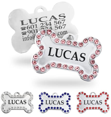 Ibera Gifts - Chapa Perro Grabada De Acero Inoxidable En Forma De Hueso, Tamaño 40 x 26 mm, Placa Perro Personalizada Para Perros Medianos Hasta Grandes (Rosa)