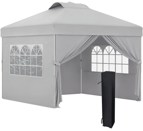 Outsunny Klappbare Gartenlaube Pop-up Partyzelt 3 x 3 höhenverstellbar mit Seitenwänden, Belüftungsöffnungen, Fenstern und Rolltasche Oxford-Gewebe 300D - hellgrau