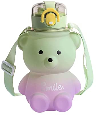 Labstandard Bouteille d'eau en forme d'ours kawaii avec paille, 800 ml - Bouteille d'eau anti-fuite en forme d'ours kawaii avec ceinture - Jolie bouteille Kawaii colorée pour filles, école, bureau,