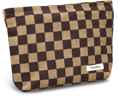 Fycyko Reise Kosmetiktasche,Tragbare Reise Make Up Tasche, Multifunktionale Kulturtasche aus Cord, Karierte Kulturbeutel Waschtasche Organizer für Damen und Frauen - Braun