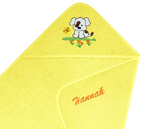 Lashuma Personalisiertes Kapuzenhandtuch Bestickt mit Namen Motiv:Hund, Gelb Kinderbadetuch Frottee 75x75cm