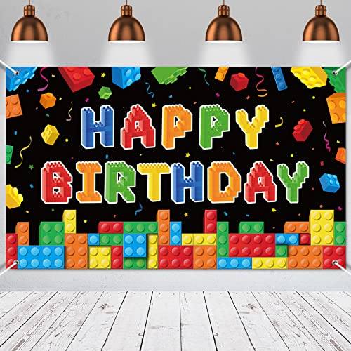 Panelee Toile de Fond de Photographie de Fête de Blocs de Construction, Décoration de Fête d'anniversaire de Blocs de Construction Bannière de Happy Birthday de Blocs pour Enfants, 185 x 110 cm