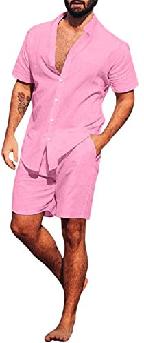 QWUVEDS Ensemble de 2 pièces en lin pour homme à manches courtes, col rabattu, chemises avec poche et short, pantalon de plage d'été couleur pure, combinaison d'entraînement pour homme, 0524b-rose, L