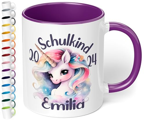 True Statements personalisierte Tasse Schulkind 2025, Violett, Geschenk zur Einschulung für Mädchen, 330 ml Keramiktasse mit Einhorn, Einschulungsgeschenk 1. Klasse