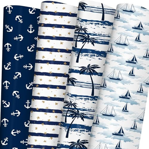 SaringSwoon Blue Wrapping Paper for Birthday Baby Shower - Ocean Gift Wrap with Navy Anchor, Striped Stars, Boat, Sea, and Palm Trees - 20×29 Inches, 8 Folded Sheets