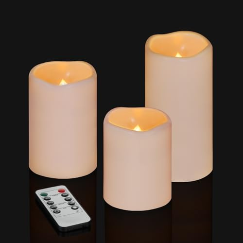 Artmarry Flameless Candles 4 5 6 Set of 3 Ivory Outdoor Indoor Pillars 3 Diameter Battery Operated Flickering Candles Include 10-Key Remote Timer Function 400+ Hours by 2 AA Batteries