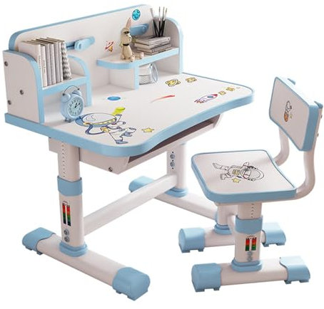 Reheyre Ensemble bureau et chaise pour enfants, bureau rose avec hauteur réglable, tiroirs et rangement, tables et chaises d'apprentissage pour enfants à motif dessin animé (bleu château)