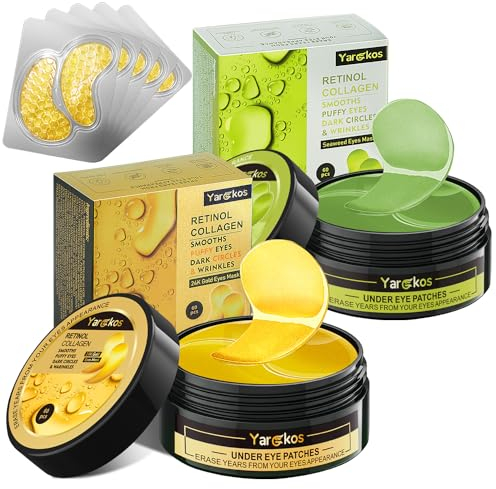 2 Stück Kollagen Hydrogel Anti Aging Augenmaske mit 5 Stück Travel 24K Golden Eye Mask, 60 Pcs feuchtigkeitsspendende Augenpad-Maske, Gegen Augenringe, 30 Paar Hyaluronsäure Augenpads, 24K Gold + Grün