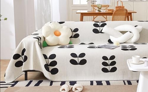 AMDXD Sofaüberwurf, Blatt Muster Sofabezug rutschfest, Superweiche Schonbezüge in Chenille für Wohnzimmer Protector & Hunde Haustiere - 180x230CM, Schwarz