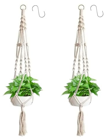 Apstaqeoo 2Pcs Macrame Plant Hangers, Cotton Rope Hanging Planters with 2 Hooks, Wall Hanging Holder for Indoor Outdoor Balcony Garden Home Decor (105cm)