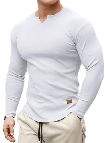 Meilicloth Mens T Shirt Henley Long Sleeve Men Casual Pullover V Neck Top Muscle Longline Ribbed Tee Shirt White Large