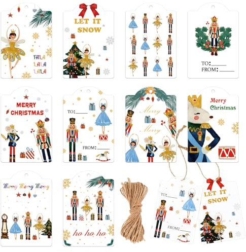 Yeaqee 120 Pcs Christmas Nutcracker Gift Tags for Presents Paper Tags Nutcracker Hanging Tag Labels with String for Xmas Arts and Crafts Decorations Gift Tags Holiday Present Party Supplies (White)