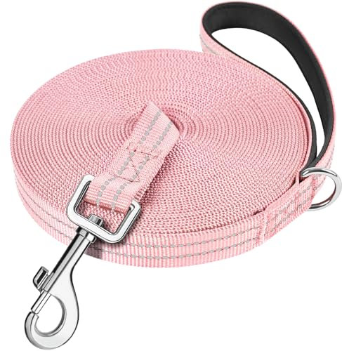 X XBEN Long Line Dog Lead, 30M/98FT Reflective and Lightweight Recall Training Lead for Dogs with Soft Padded Handle and Heavy Duty Hook,Strong Extra Long Leash for Large Small Puppy Dog,Pink