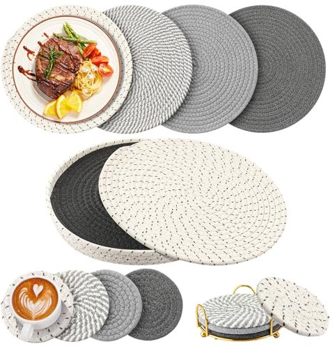 8 Pcs Boho Round Woven Placemats Set of 4/6/8,Trivets for Dishes, Heat Resistant Hot Pads,11.8 Woven Cotton Rope Round Placemats with Basket, 4.3 Drink Coasters with Holder (Grey Series)