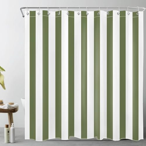 TACOKI Rideau de Douche Rayures Blanches Vertes, Rideau de Douche 120x200 Anti Moisissure Rideau Baignoire Rayures Verticales Rideau Douche Polyester Shower Curtain 3D Rideaux Salle de Bain #1375