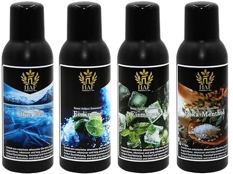 HAF® Saunaaufguss Konzentrat Set Kühle Erfrischung | 4 x 100 ml Saunaduft mit Blue Eis, Eislimone, Eisminze, Euka Menthol | Saunaöl aus 100% natürlichen ätherischen Ölen