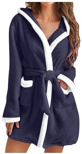 Fleece Long Robe Unisex - Kimono Dressing Gowns Hooded Bath Wrap Dressing Gown Bathrobe Morning Robes Bridal Casual Ladies Loungewear Autumn Winter Warm Home Bathrobe Navy
