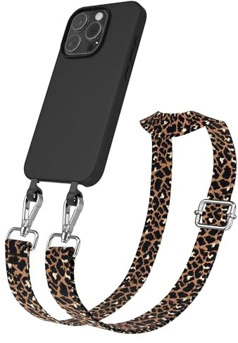 EAZY CASE - Hülle mit Band kompatibel mit iPhone 15 Pro Handyhülle für iPhone 15 Pro Schutzhülle Silikonhülle mit Handykette zum Umhängen 2in1 Hülle Handykordel Leo - Schwarz Braun Metall Silber