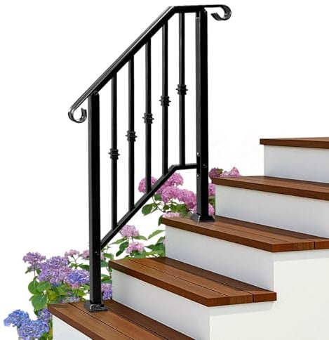 Outopee Outdoor Handrail for Stairs, Galvanized Iron Handrail with Pagoda Pattern, 2 Steps Stair Railing, Stair Rails for Garden, House Entrance, Backyard & Balcony, Black