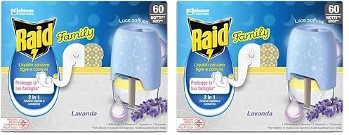 Raid Family Liquido Antizanzare Comuni e Tigre, Fragranza alla Lavanda, 1 Confezione da 2 Diffusore e 1 Ricarica da 36ml, 60 Notti
