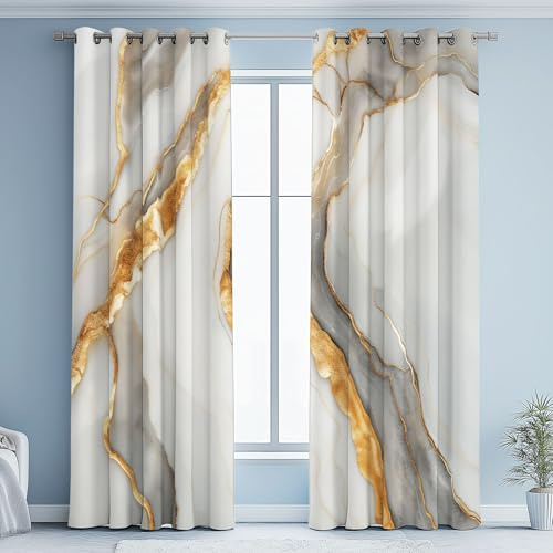 Kioldoq Gold Marmor Gardinen mit Ose 2er Set 245x140 cm Vorhang Blickdicht, Verdunklungsvorhänge Modern Einfache Wohnzimmer, Thermovorhang Kälteschutz Schlafzimmer