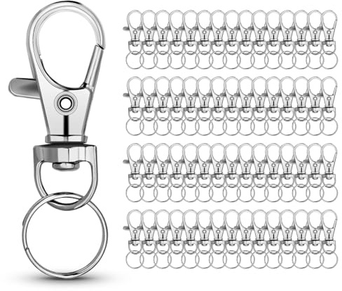 Lot de 100 mousquetons pivotants en métal de petite taille avec porte-clés, 100 mini mousquetons avec anneau torique pour porte-clés, loisirs créatifs, fabrication de bijoux, argent