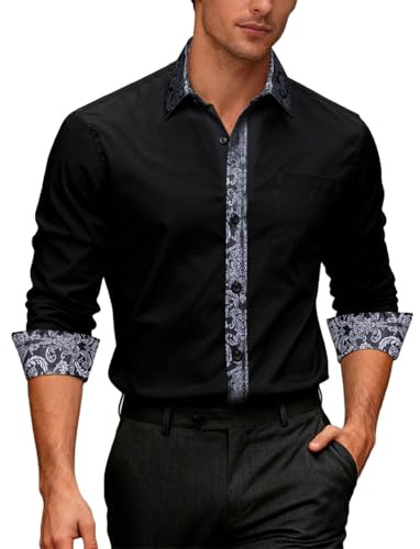 Ailisus Men's Black Silver Shirts Long Sleeve Outer Contrast Casual Regular Fit Button Down Dress Shirts Designer Tops for Party Business Wedding