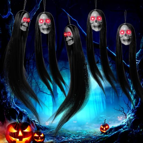 ZQEJEFD Halloween Deko Outdoor, 5 Stück Hängender Geist mit Langem Haar,Halloween Skelett Geister Hängende Gartendekoration, Sensenmänner mit Leuchtenden Augen,Helloween Deko für Spukhaus Horrorhäuser