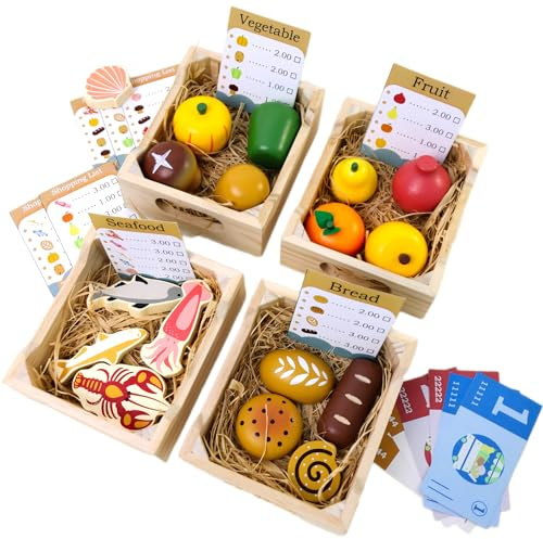 JugueteLand Lebensmittelgruppen, 36 Stück, Holzfutter zum Spielen, Küche, realistisches Spielen, Küchenzubehör mit Spiellebensmittel Obst, Gemüse, Brot & Meeresfrüchte für 3, 4, 5 Jahre