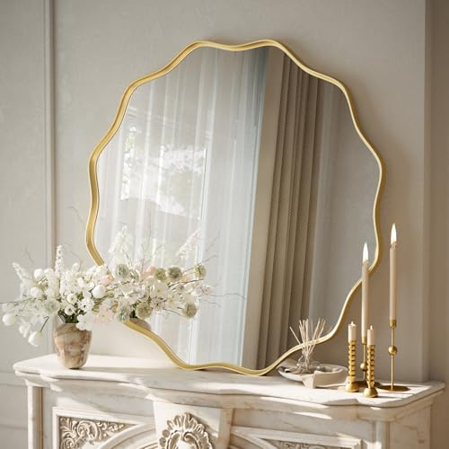 Koonmi runder Wandspiegel mit gewelltem Rand 75 cm, Gold | Strukturierter Metallrahmen, zum Aufhängen oder Anlehnen für Badezimmer, Wohnzimmer und Eingangsbereich