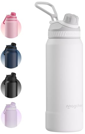 Magcheer Botella Agua Acero Inoxidable Termica 1 Litro（Blanco） | Aislamiento Doble Pared, Apertura Ancha, Sin BPA, A Prueba de Fugas, Apta Lavavajillas, para Gimnasio, Exterior, Deporte