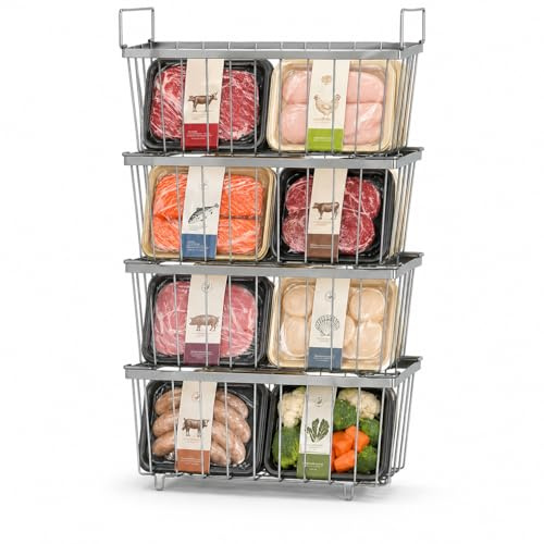 Kinberry 4-Pack Chest Freezer Baskets, Stackable Freezer Organiser Storage with Handles, Freezer Storage Baskets for 198L Chest Freezer, Easy Access to Frozen Food, Allow Air Circulation