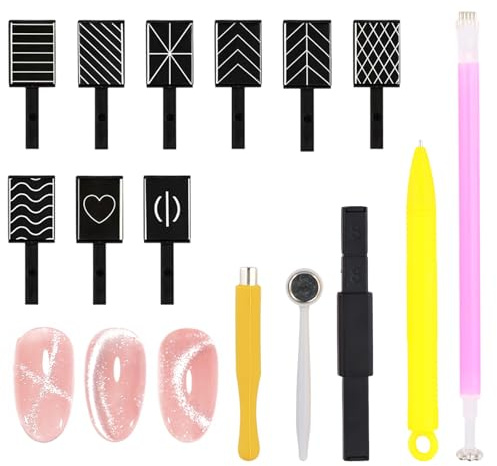 14 Pcs Cat Eye Magnetic Nail Polish Kit, Strong Suction Magnet Stick Set for 3D Cat Eye Effect, Double Head Nail Art Pen Tool for UV Gel Polish, Complete Set for Salon Home DIY