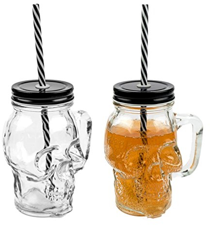 3D Totenkopf Glas Trinkglas mit Deckel und stabilem Strohhalm 450ml 2er-Set