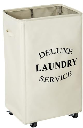 WOWLIVE 90L Large Collapsible Laundry Hamper with Wheels - Foldable Rectangular Hampers (Beige)