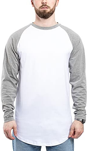 Blackskies Baseball Longsleeve T-Shirt | Langes Oversize Fashion Basic Langarm Raglan Herren Longshirt Long Tee - Weiß-Grau Large L