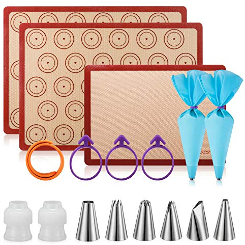 Macaron-Backset, Silikonmatte – Macaron-Backset, Silikon-Backmatte, 1 Viertelblatt und 2 halbe Bögen, Macaron-Backmatte, Backblech, 2 Spritzbeutel mit Beutelbinder, 6 Spritztüllen