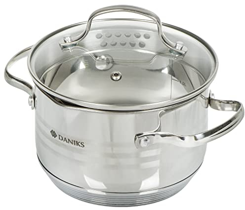 Daniks Tokio Faitout Inox 16 cm 2 L, Casserole avec Couvercle en Verre, Bec Verseur et Égouttage Facile, Tous Feux y Compris Induction, Échelle de Mesure, Argent