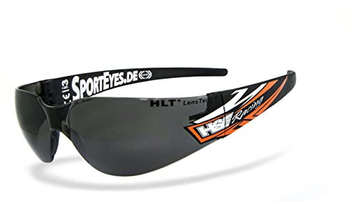 HSE® SportEyes® | UV400 Schutzfilter, HLT® Kunststoff-Sicherheitsglas nach DIN EN 166 | Sportbrille, Radbrille, Sonnenbrille | Brillengestell: schwarz, Brille: SPRINTER 3.0 (smoke (orange/weiß))