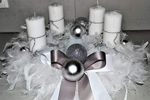 Adventskranz weiß Silber 40 cm künstlich Weihnachten Adventsgesteck Deko Federn