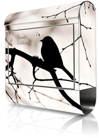 banjado Briefkasten Edelstahl personalisiert 38x43x12cm & 2 Schlüssel - rostfreier Edelstahl Briefkasten mit Zeitungsfach - Postkasten A4 Einwurf inkl. Montagematerial - Motiv Früher Vogel