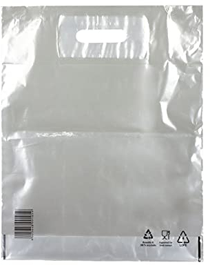 500 Stück umweltbewusste Plastiktüten 38 x 45 + 5 transparent LDPE COEX 50my Stark | 80% Recycling-Granulat | Einkaufstüte mit verstärktem Griffloch | HUTNER