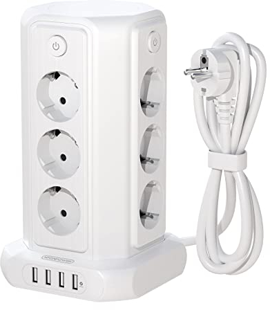 Steckdosenleiste Turm NTONPOWER Tower Mehrfachsteckdose Überspannungsschutz 12 Fach mit 4 USB 1,5m Verlängerungskabel Kindersicherung Verteilersteckdose 16A- Weiß