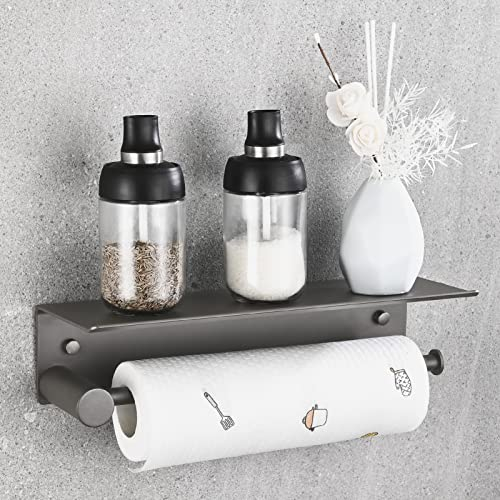 HANFU Küchenrollenhalter Wandmontage, Küchenpapierhalter Ohne Bohren für Küchenkrepp Papierrollenhalter, Aluminium Rollenhalter Küche mit Aufbewahrung Geräumigen Regal, Küchenrollenhalter Grau