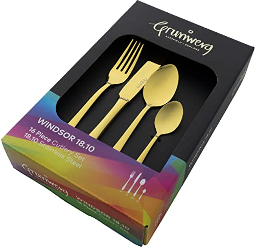 Grunwerg Windsor 16 Piece Cutlery Set, Gold, 18/10 Stainless Steel, PVD Coating, 4 x Table Knives, Table Forks, Dessert Spoons, Teaspoons
