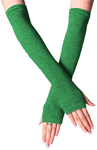 B-HOT Warme fingerlose Handschuhe, dehnbar, gestrickt, Daumenloch, Sonnenschutz, lange Arme, gestreift, grün, One size