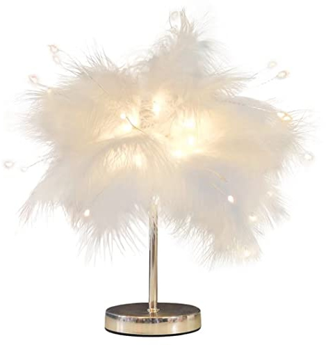 DUNMW Mini lámpara de mesa de plumas blancas creativas Lámpara de noche con cuentas LED de fuegos artificiales Luz de mesa de plumas Luz de noche Luz decorativa para dormitorio, sala de estar